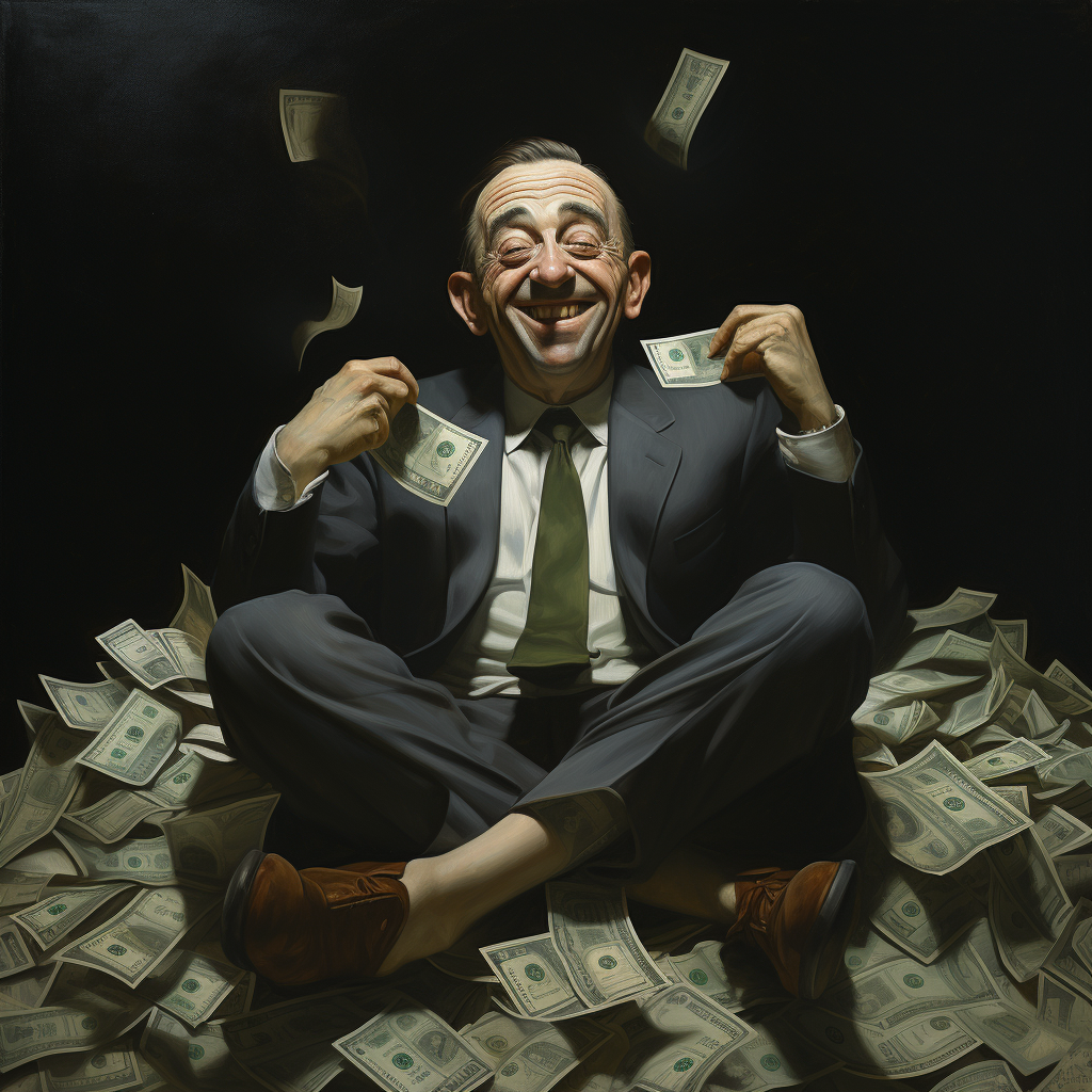 A picture of a man in a suit, sitting on a pile of money.